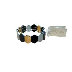 NEW Saachi Good Vibes Beaded Bracelet Gold Gray White Black Stretch